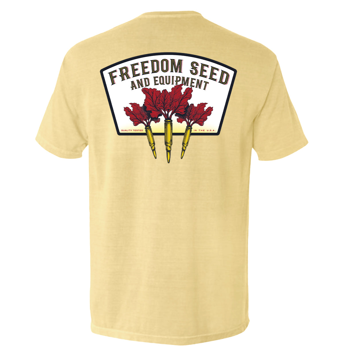 Freedom Seed and Equipment T-Shirt with patriotic graphic featuring vintage-inspired design and symbols of growth and independence.