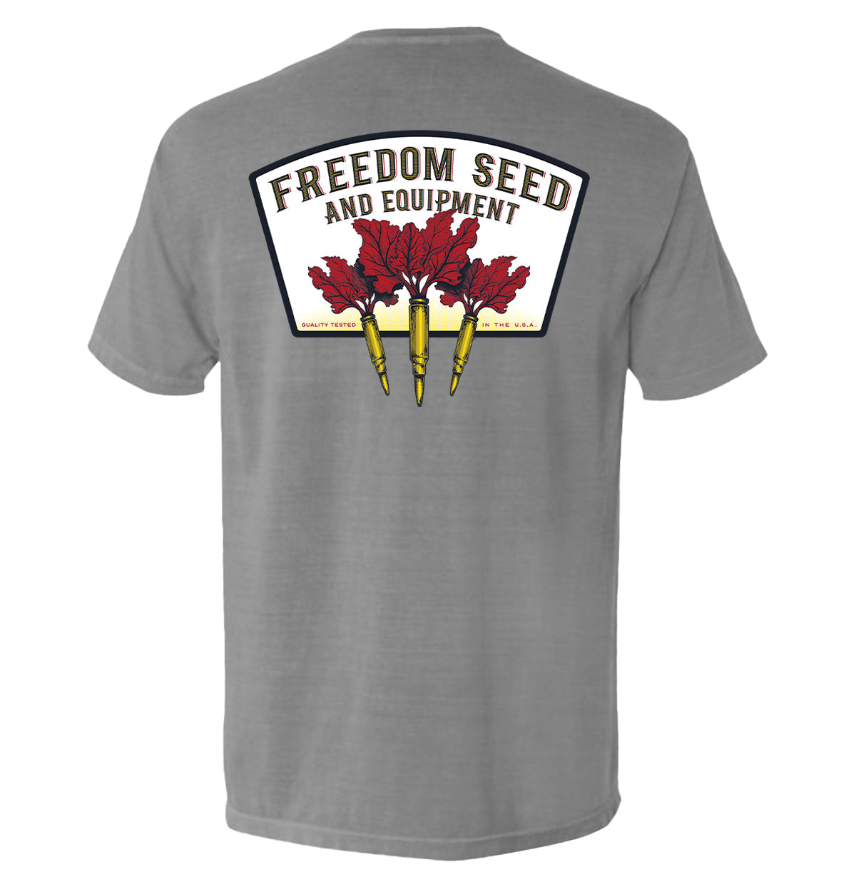 Back view of gray Freedom Seed and Equipment T-Shirt featuring a patriotic graphic with bold vintage design elements.