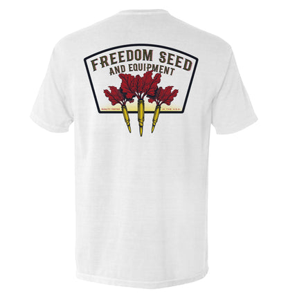 Freedom Seed and Equipment T-Shirt featuring vintage-inspired graphic with symbolic American heritage design on white tee