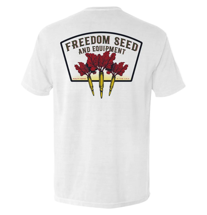 Freedom Seed and Equipment T-Shirt featuring patriotic graphic with vintage-inspired design symbolizing American independence.