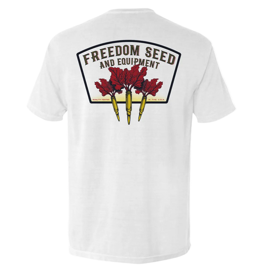 Freedom Seed and Equipment T-Shirt featuring patriotic graphic with vintage-inspired design symbolizing American independence.