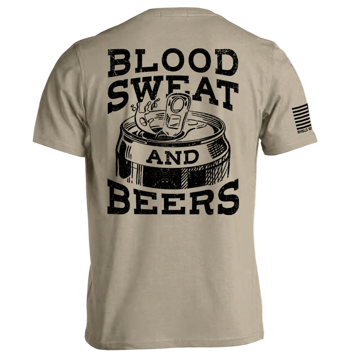 Beige t-shirt with 'Blood Sweat and Beers' graphic and flag on sleeve.