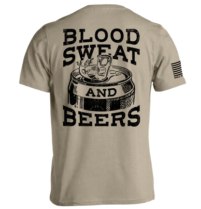 Beige t-shirt with 'Blood Sweat and Beers' graphic and flag on sleeve.