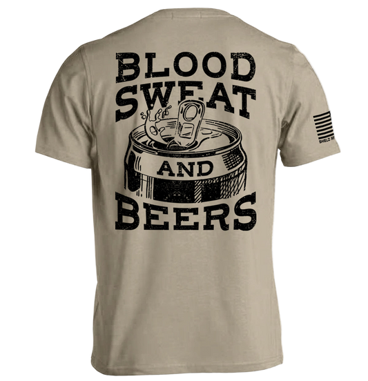 Beige t-shirt with 'Blood Sweat and Beers' graphic and flag on sleeve.