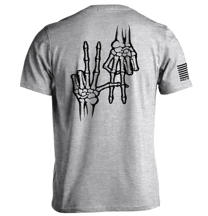 2A Bones T-Shirt featuring skeleton hand graphic representing Second Amendment culture on a grey tee