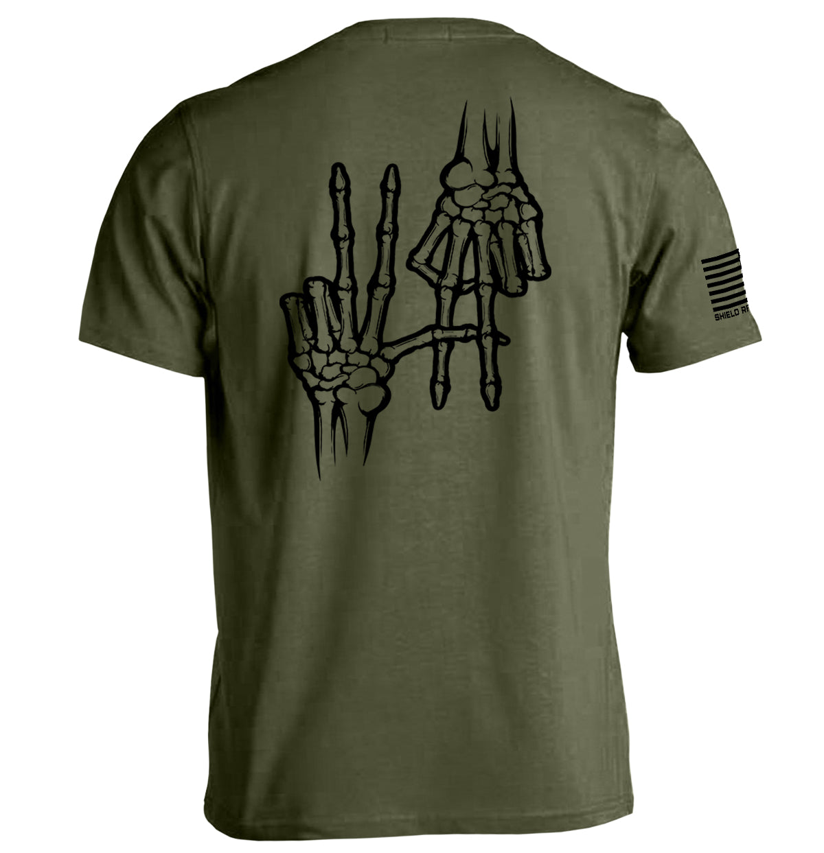 2A Bones T-Shirt featuring skeleton hand graphic on olive green tee, symbolizing strength and freedom, inspired by Second Amendment.