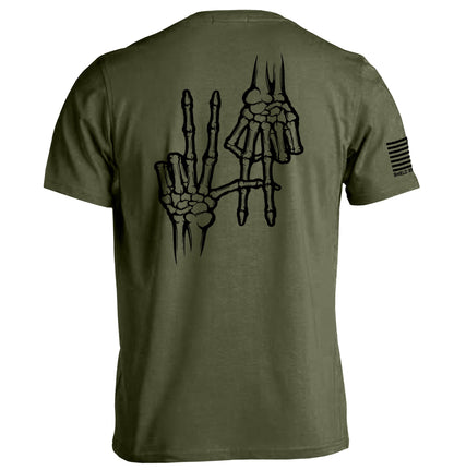 2A Bones T-Shirt featuring skeleton hand graphic on olive green tee, symbolizing strength and freedom, inspired by Second Amendment.