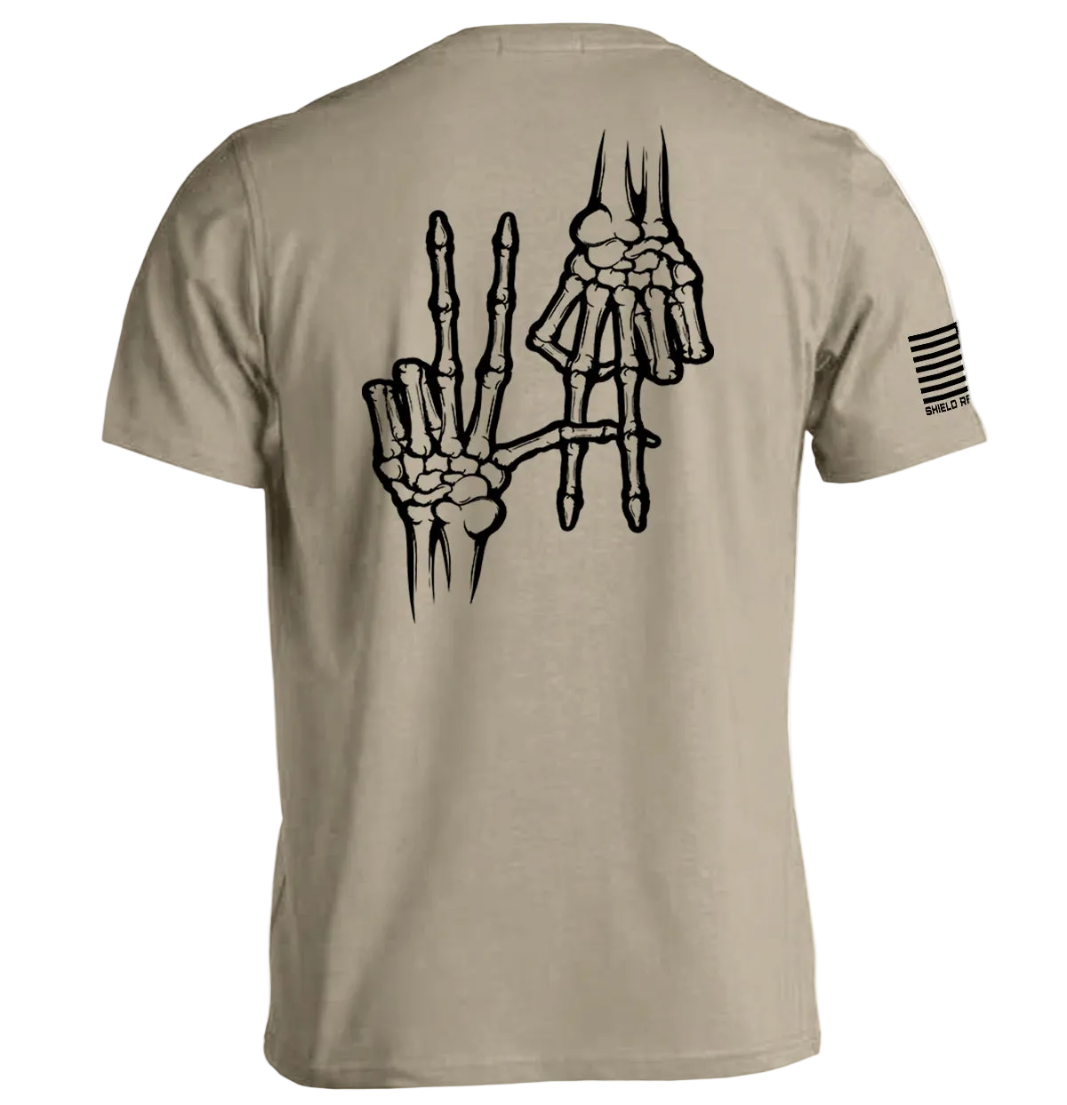 2A Bones T-Shirt featuring Second Amendment skeleton graphic on the back, beige color, promotes freedom and liberty.