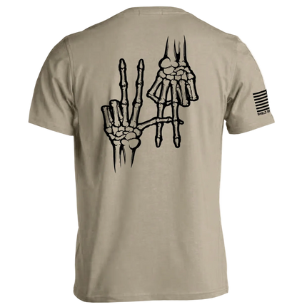 2A Bones T-Shirt featuring Second Amendment skeleton graphic on the back, beige color, promotes freedom and liberty.