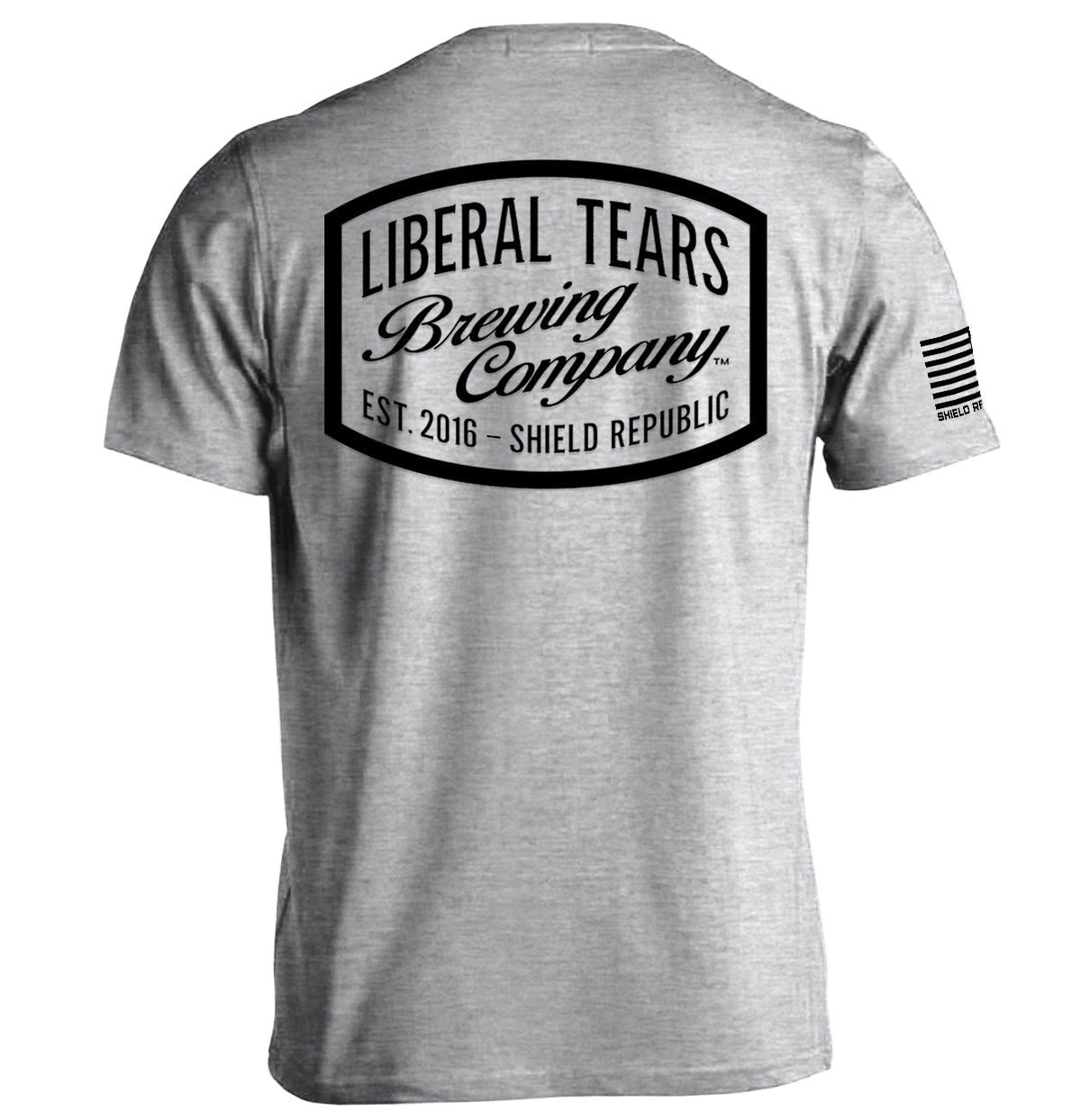 Liberal Tears Brewing Company Shirt with satirical brewery logo on back, featuring vintage design and bold lettering.