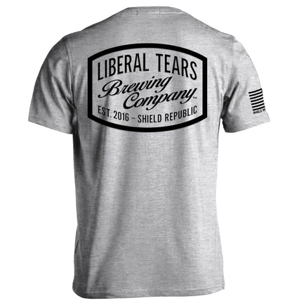 Liberal Tears Brewing Company Shirt with satirical brewery logo on back, featuring vintage design and bold lettering.