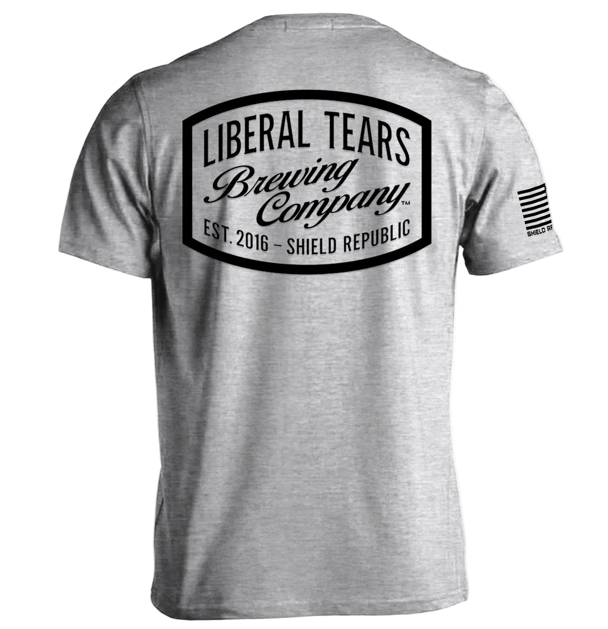 Liberal Tears Brewing Company Shirt with vintage logo design on a gray tee, featuring satirical brewery graphics and parody apparel.