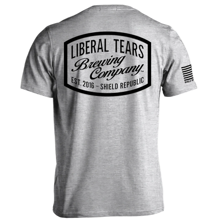 Liberal Tears Brewing Company Shirt with vintage logo design on a gray tee, featuring satirical brewery graphics and parody apparel.