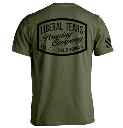 Liberal Tears Brewing Company Shirt with vintage brewery design and bold lettering, satirical graphic tee in olive green.