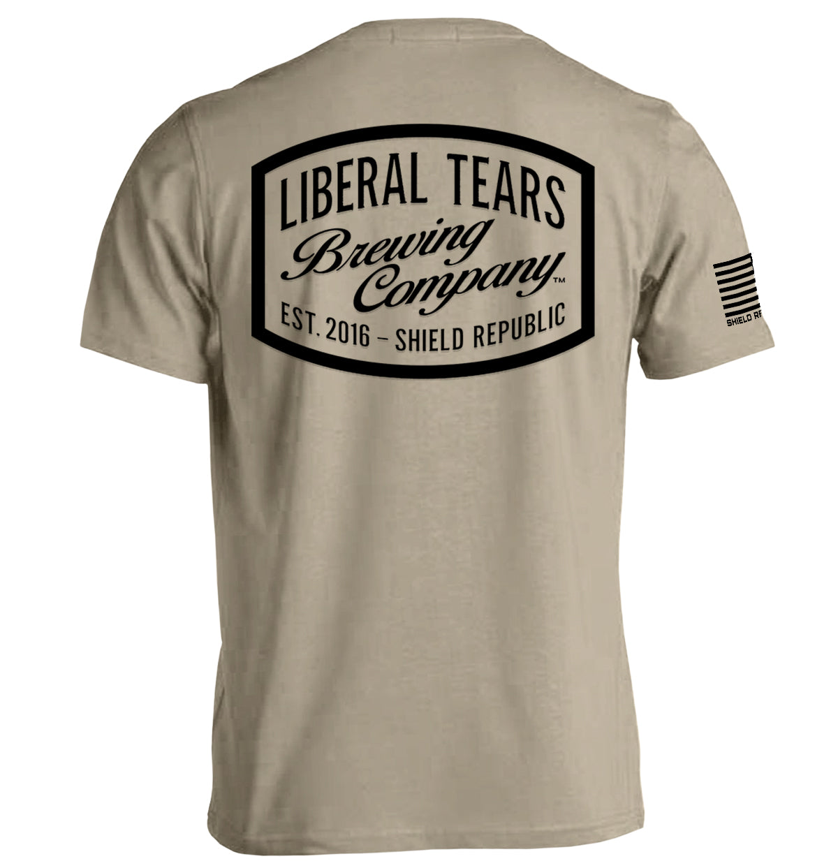 Liberal Tears Brewing Company Shirt with vintage brewery logo and bold lettering, offering satirical parody apparel.