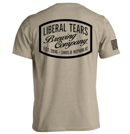 Liberal Tears Brewing Company Shirt with vintage brewery logo and bold lettering, offering satirical parody apparel.