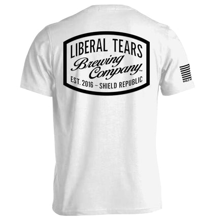 Liberal Tears Brewing Company Shirt featuring a satirical vintage brewery logo on a white tee with bold black lettering.