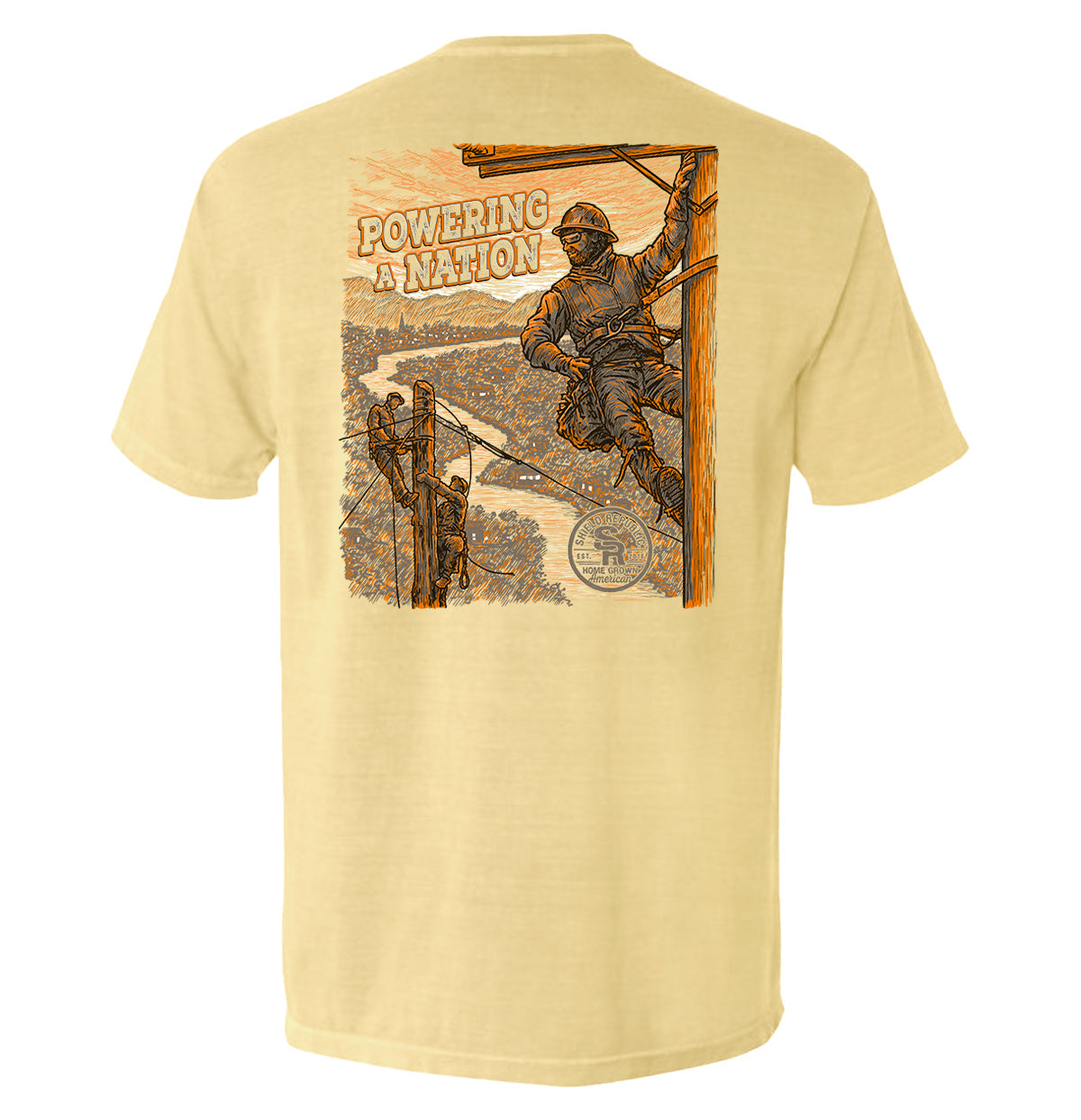 Powering a Nation Lineman T-Shirt with lineman graphic, showing pride and resilience of blue-collar workers.