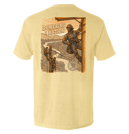 Powering a Nation Lineman T-Shirt with lineman graphic, showing pride and resilience of blue-collar workers.