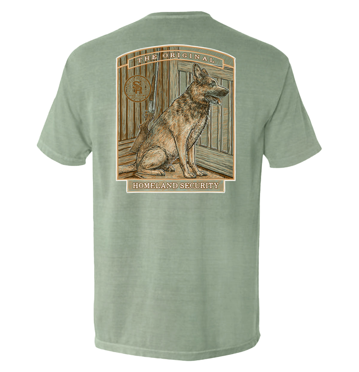 The Original Homeland Security Dog T-Shirt featuring a vintage loyal dog illustration on the back, highlighting home protection.