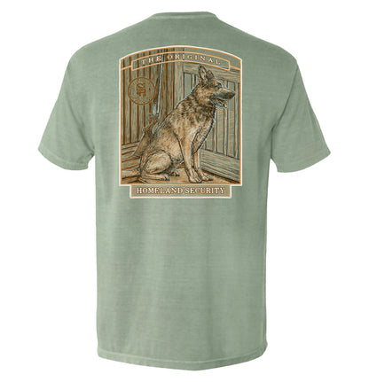 The Original Homeland Security Dog T-Shirt featuring a vintage loyal dog illustration on the back, highlighting home protection.