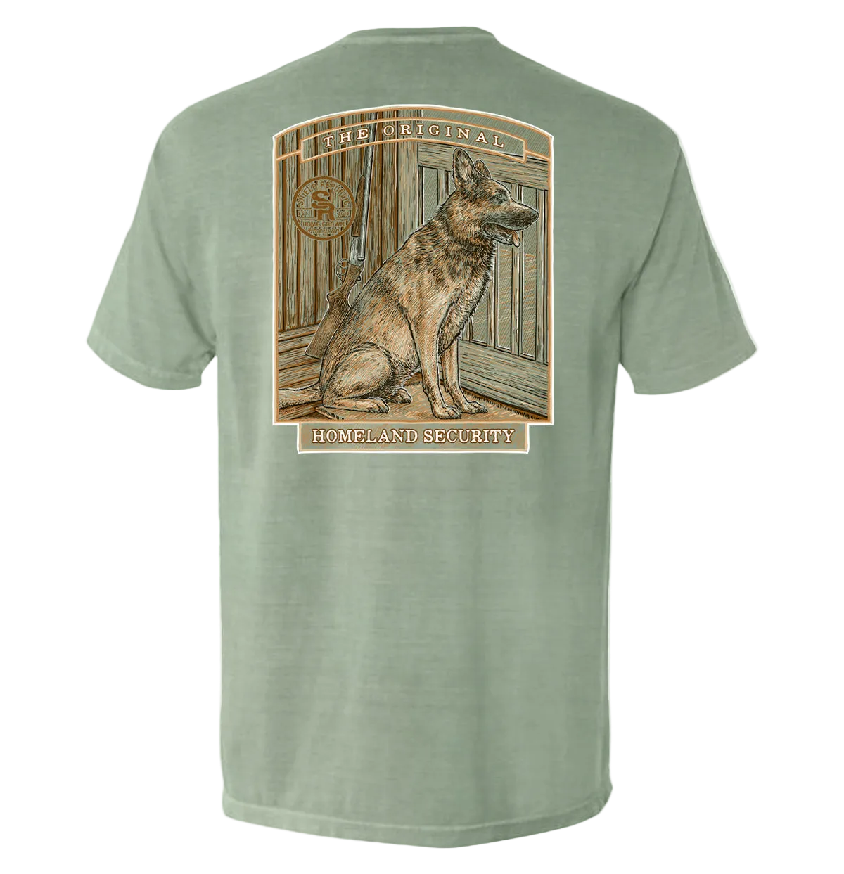 The Original Homeland Security Dog T-Shirt featuring a vintage illustration of a loyal dog symbolizing protection and loyalty.