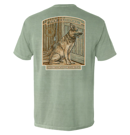 The Original Homeland Security Dog T-Shirt featuring a vintage illustration of a loyal dog symbolizing protection and loyalty.