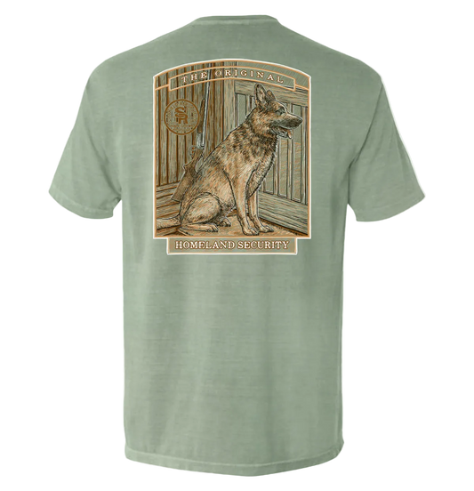 The Original Homeland Security Dog T-Shirt featuring a vintage illustration of a loyal dog symbolizing protection and loyalty.