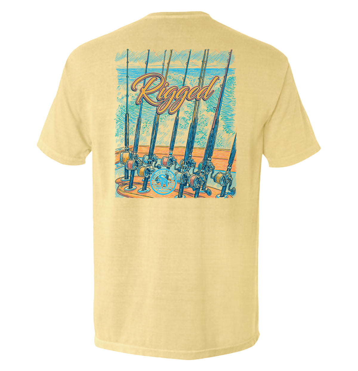 Back view of Rigged Fishing Pocket Tee with fishing reel graphic, ideal for anglers.