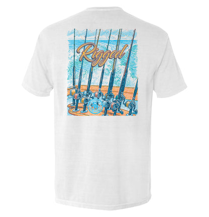 Back view of Rigged Fishing Pocket Tee featuring fishing rods graphic, perfect for anglers seeking comfort and style on and off the water.