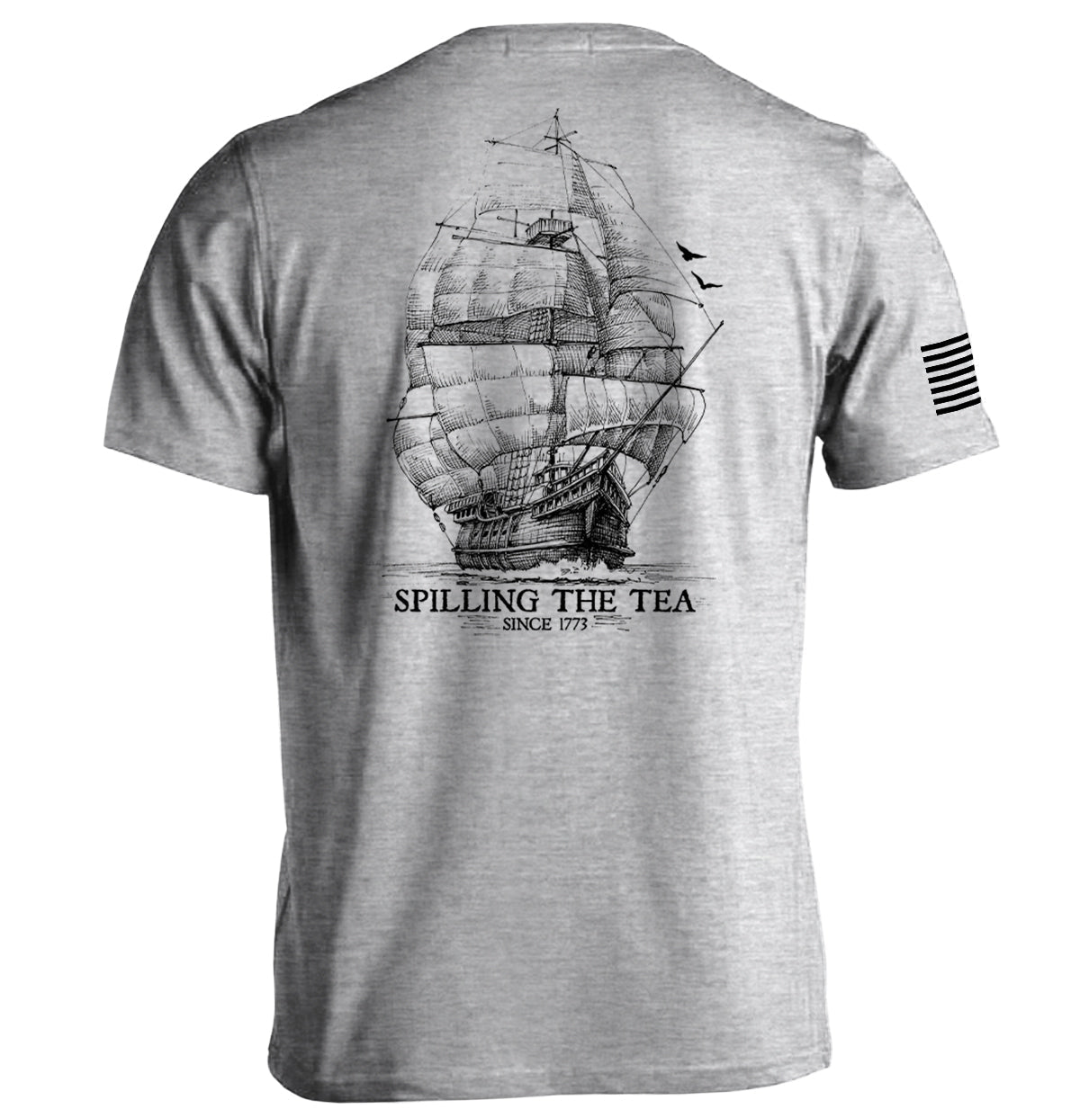 Spilling the Tea Since 1773 T-Shirt with vintage ship illustration on grey background