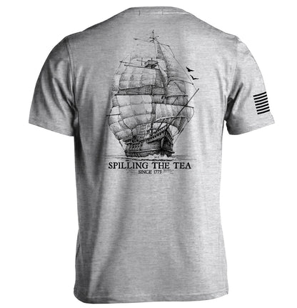 Spilling the Tea Since 1773 T-Shirt with vintage ship illustration on grey background