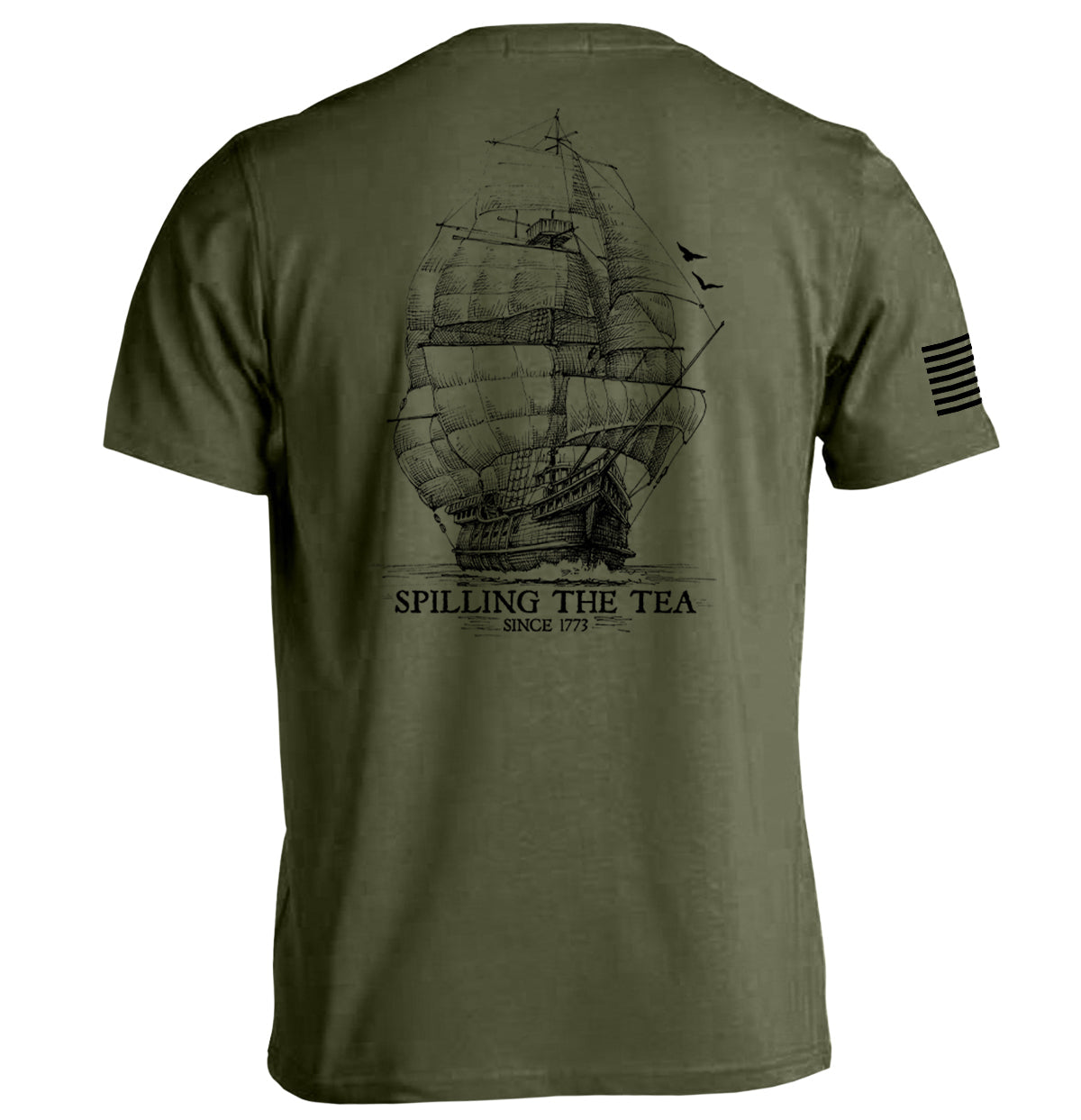 Spilling the Tea Since 1773 T-Shirt with historical parody ship design on olive green fabric.