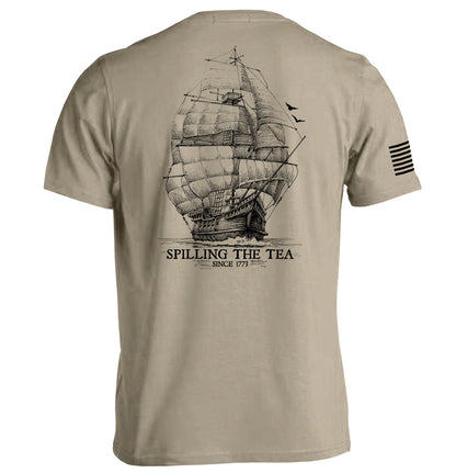 Spilling the Tea Since 1773 T-Shirt with vintage ship design, funny historical parody tee