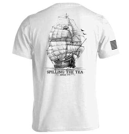 Spilling the Tea Since 1773 T-Shirt featuring historical ship graphic, humorous American parody design on white tee