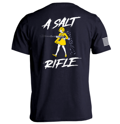 Black t-shirt with graphic design and text on a white background