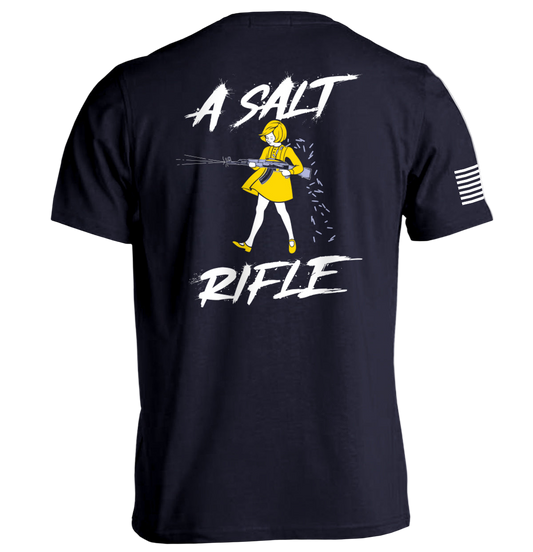 Black t-shirt with graphic design and text on a white background