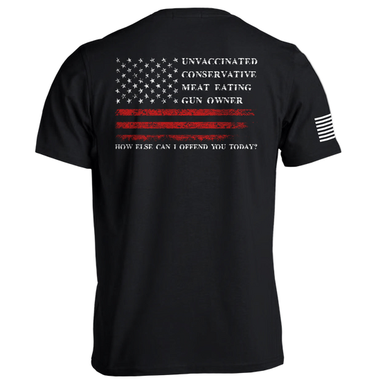 Black t-shirt with American flag design and text on the back, on a white background