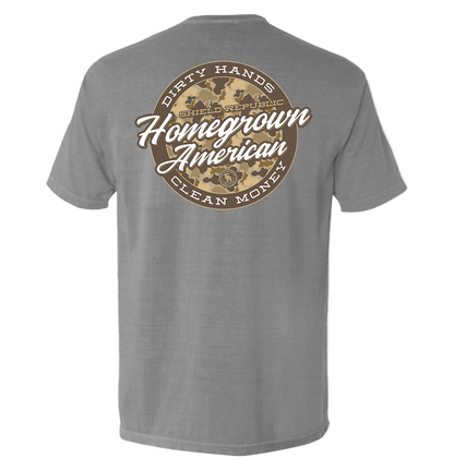 Gray t-shirt with a graphic design on the back featuring text and camouflage patterns.