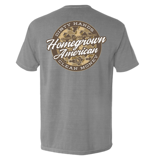 Gray t-shirt with a graphic design on the back featuring text and camouflage patterns.