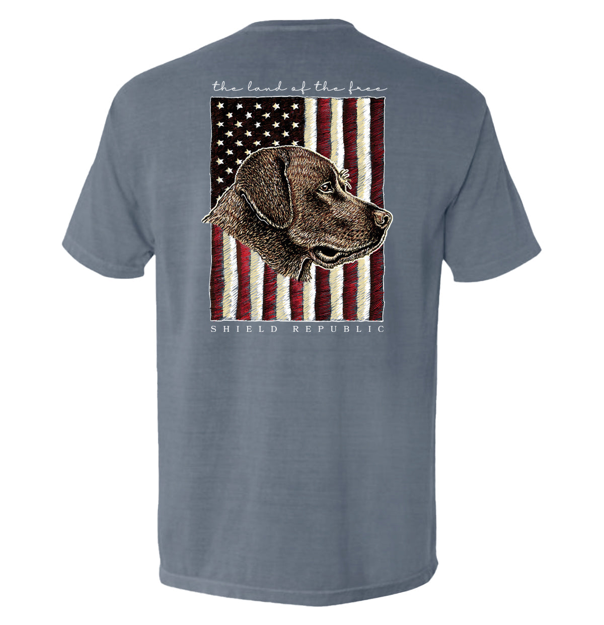 The Land of the Free Chocolate Lab Dog T-Shirt with American flag and chocolate Labrador illustration, patriotic dog tee design.