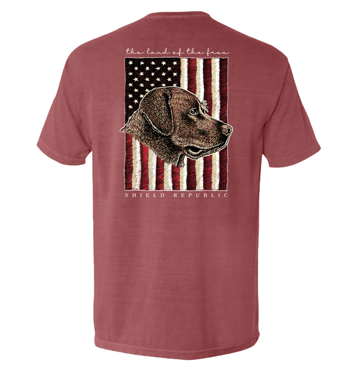 The Land of the Free Chocolate Lab Dog T-Shirt featuring vintage chocolate lab illustration on American flag background.