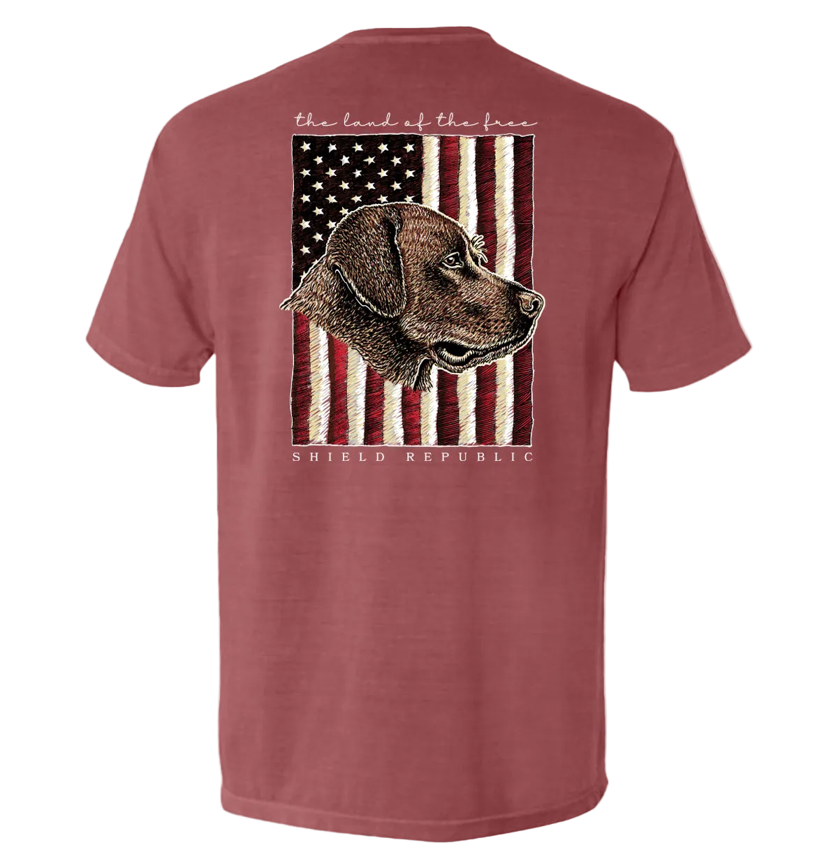 The Land of the Free Chocolate Lab Dog T-Shirt with vintage dog and American flag design, patriotic apparel