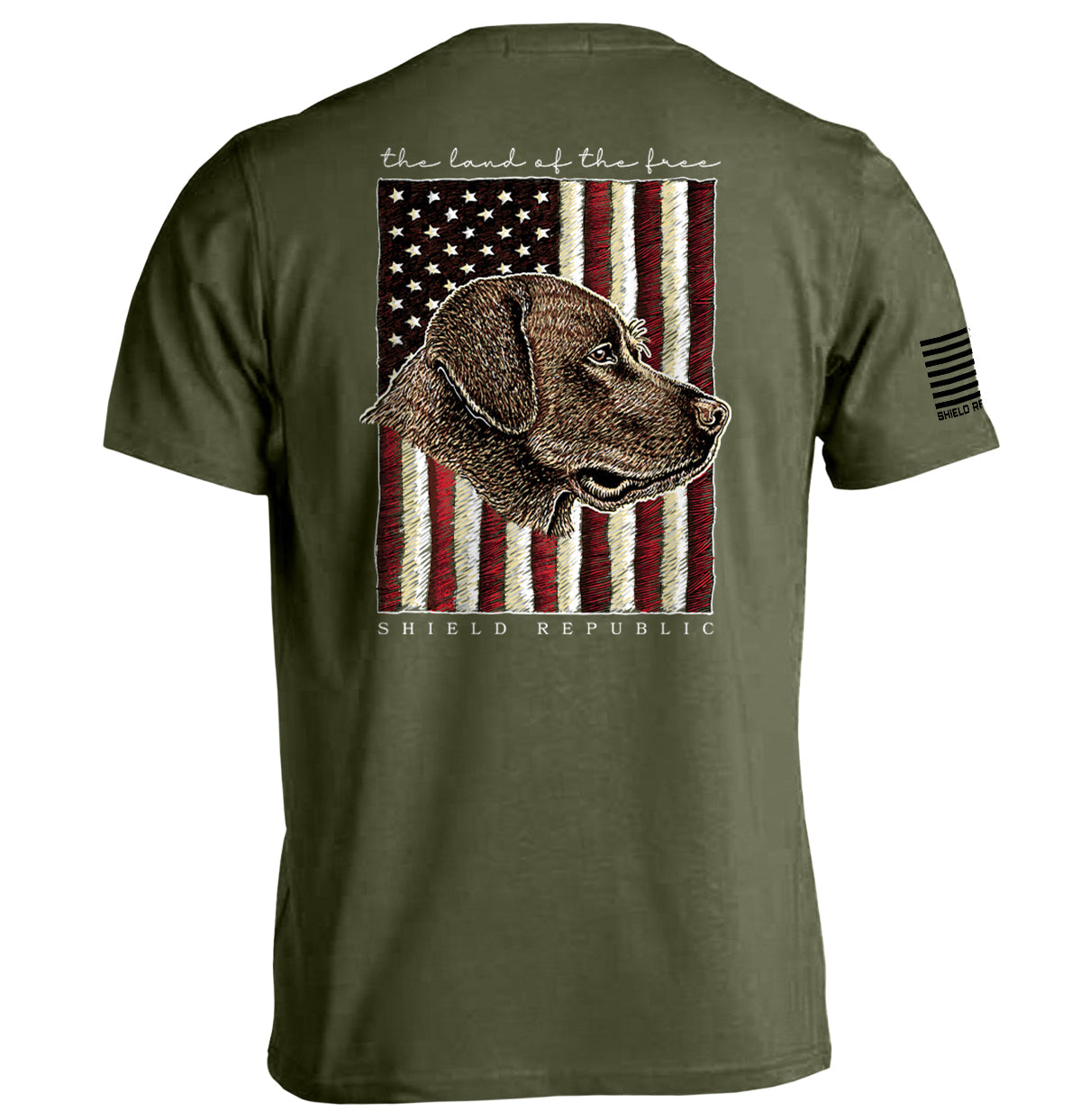 The Land of the Free Chocolate Lab Dog T-Shirt with vintage lab illustration and American flag