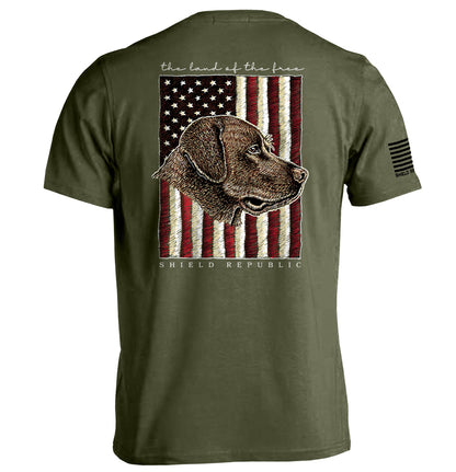The Land of the Free Chocolate Lab Dog T-Shirt with vintage lab illustration and American flag