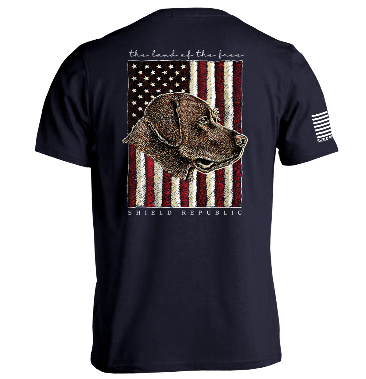 The Land of the Free Chocolate Lab Dog T-Shirt with American flag and chocolate lab illustration.