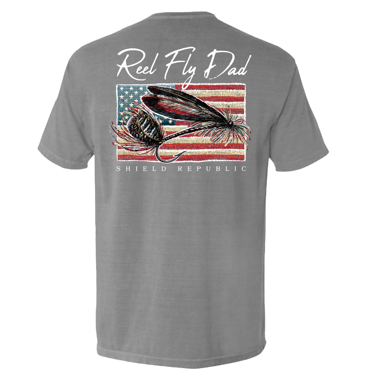 Reel Fly Dad Fishing American Flag T-Shirt featuring fly fishing graphic, perfect for patriotic dads who love fishing by Shield Republic.