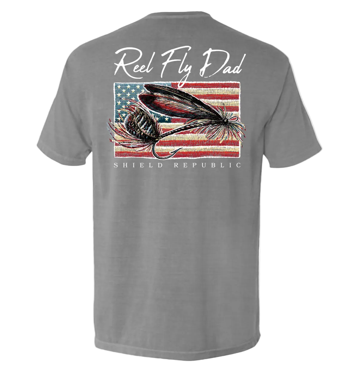 Reel Fly Dad Fishing American Flag T-Shirt featuring fly fishing design and Shield Republic logo on a gray background