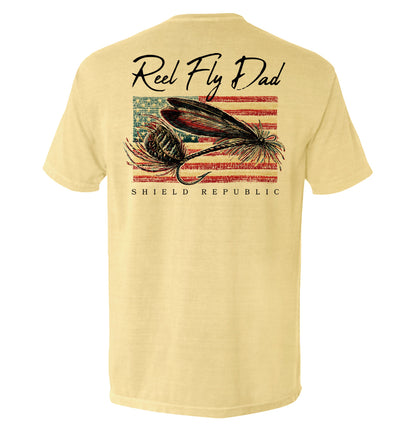 Reel Fly Dad Fishing American Flag T-Shirt featuring a fly fishing lure and U.S. flag design by Shield Republic
