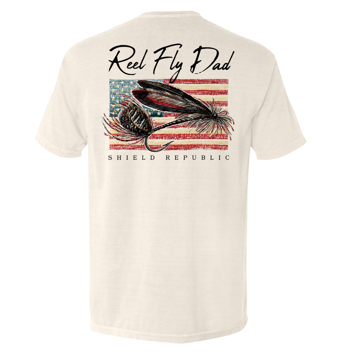Reel Fly Dad Fishing American Flag T-Shirt featuring patriotic design and fly fishing theme by Shield Republic